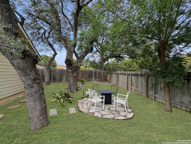 view of yard with a patio, a fire pit, and a fenced backyard