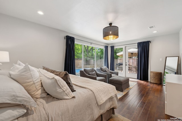 bedroom featuring recessed lighting, access to exterior, dark wood-style floors, and visible vents