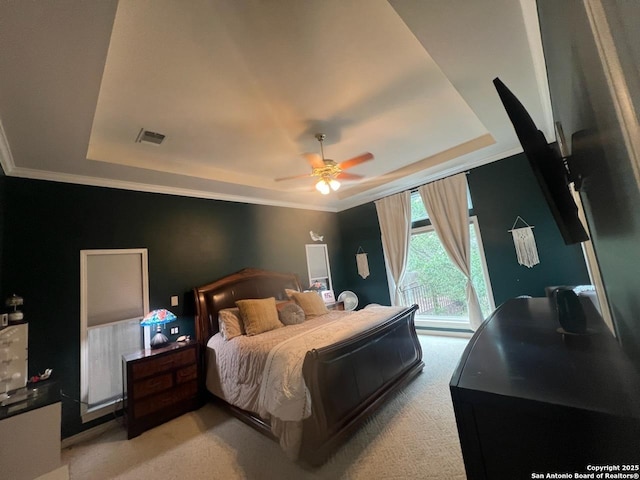 27030 Vaughns Vw, San Antonio, TX 78260 - bedroom featuring light colored carpet, ornamental molding, and a tray ceiling