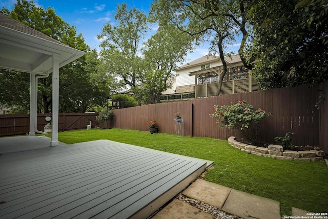 view of yard with a deck and a fenced backyard