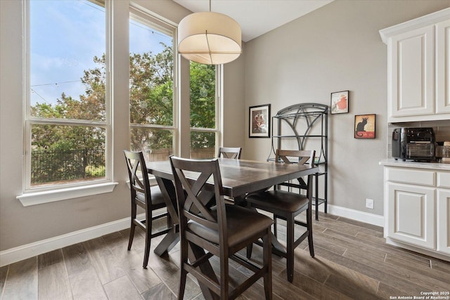 dining space with baseboards, plenty of natural light, and wood finished floors