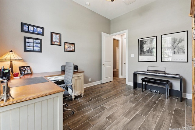 office area featuring baseboards and wood tiled floor