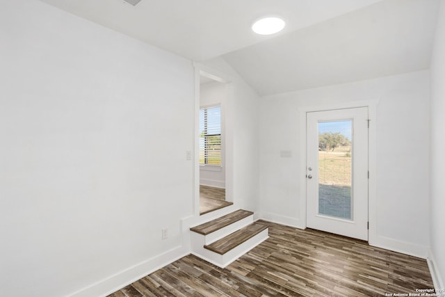 entryway with baseboards, lofted ceiling, dark wood-type flooring, and a wealth of natural light