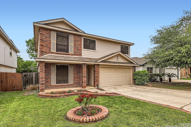 traditional-style house with brick siding, a front lawn, fence, and driveway