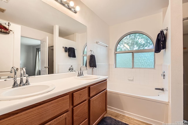 bathroom featuring a sink, double vanity, a bath, and wood finished floors