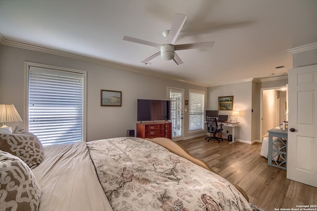 13402 Vista Del Mar, San Antonio, TX 78216 - bedroom featuring crown molding, wood finished floors, baseboards, access to outside, and a ceiling fan