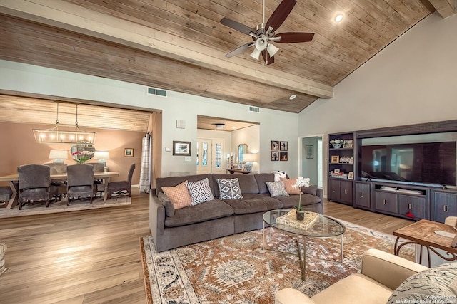 13402 Vista Del Mar, San Antonio, TX 78216 - living area with visible vents, light wood-style flooring, ceiling fan, and wood ceiling