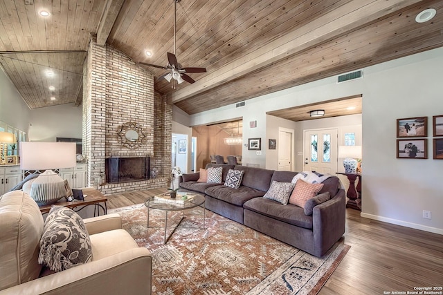 13402 Vista Del Mar, San Antonio, TX 78216 - living room with visible vents, wood finished floors, ceiling fan, wood ceiling, and lofted ceiling with beams