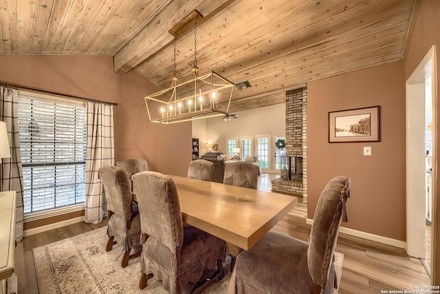 13402 Vista Del Mar, San Antonio, TX 78216 - dining room featuring wood ceiling, a chandelier, lofted ceiling with beams, and wood finished floors