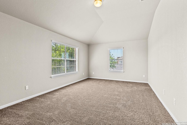 spare room with a healthy amount of sunlight, carpet floors, baseboards, and vaulted ceiling