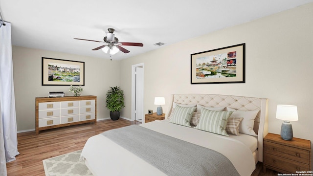 3634 Ridge Cluster, San Antonio, TX 78247 - bedroom featuring baseboards, visible vents, ceiling fan, and light wood-type flooring