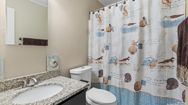 3634 Ridge Cluster, San Antonio, TX 78247 - full bath featuring vanity, a textured wall, toilet, and a shower with curtain