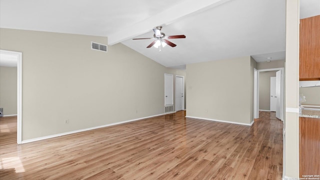 3634 Ridge Cluster, San Antonio, TX 78247 - unfurnished living room with a ceiling fan, visible vents, baseboards, vaulted ceiling with beams, and light wood-style flooring