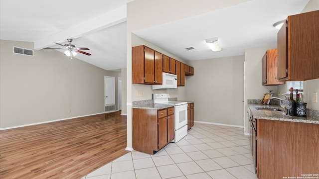 3634 Ridge Cluster, San Antonio, TX 78247 - kitchen featuring white appliances, ceiling fan, visible vents, and a sink