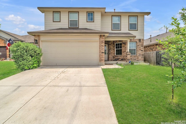 traditional-style house with fence, a front yard, brick siding, concrete driveway, and an attached garage