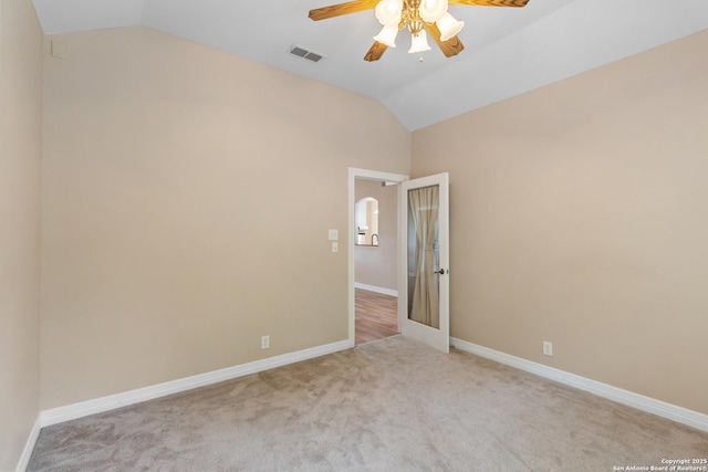 29303 Sumpter Dr, Boerne, TX 78015 - unfurnished room featuring ceiling fan, carpet floors, baseboards, vaulted ceiling, and visible vents