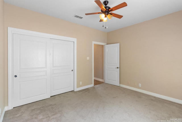 29303 Sumpter Dr, Boerne, TX 78015 - unfurnished bedroom with carpet, a ceiling fan, baseboards, visible vents, and a closet