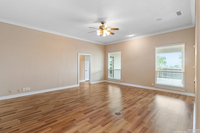 29303 Sumpter Dr, Boerne, TX 78015 - empty room featuring crown molding, a ceiling fan, plenty of natural light, and light wood finished floors