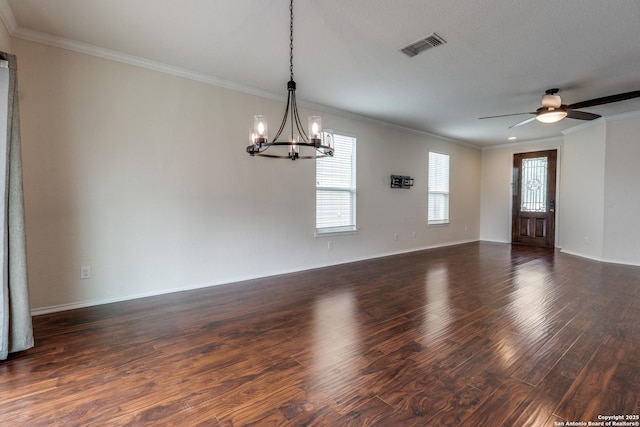 interior space featuring visible vents, dark wood finished floors, baseboards, ceiling fan with notable chandelier, and ornamental molding