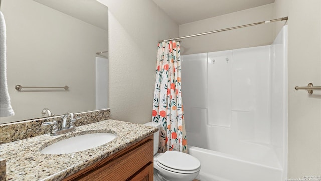 bathroom with toilet, shower / bathtub combination with curtain, and vanity
