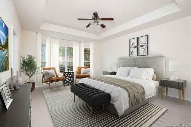 5803 Sugarberry, San Antonio, TX 78253 - carpeted bedroom with baseboards, a ceiling fan, and a tray ceiling