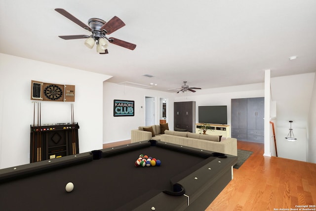 5803 Sugarberry, San Antonio, TX 78253 - rec room featuring pool table, a ceiling fan, wood finished floors, and visible vents