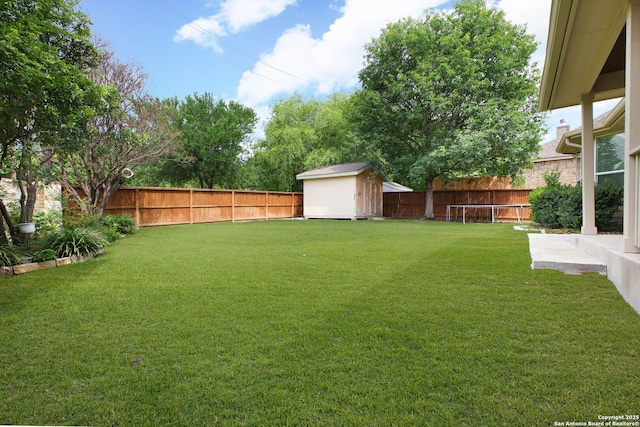 5803 Sugarberry, San Antonio, TX 78253 - view of yard with an outdoor structure, a fenced backyard, and a storage shed