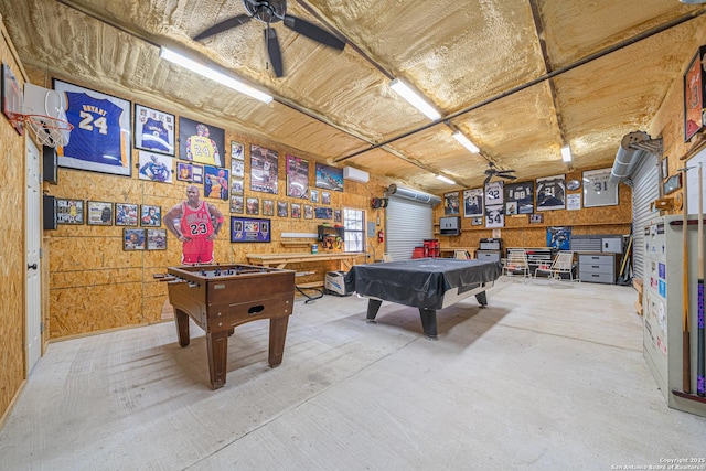 recreation room with concrete floors, ceiling fan, and billiards