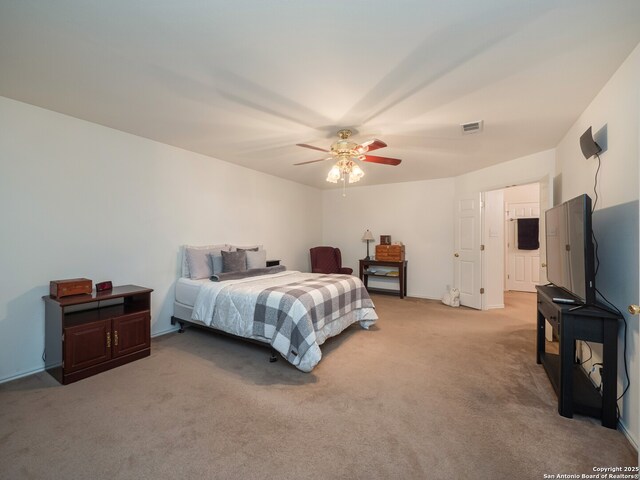 3608 Augusta Glade, Schertz, TX 78154 - bedroom featuring baseboards, light carpet, a ceiling fan, and visible vents