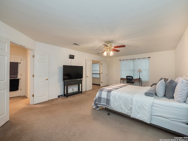 3608 Augusta Glade, Schertz, TX 78154 - bedroom featuring light carpet, a ceiling fan, and visible vents