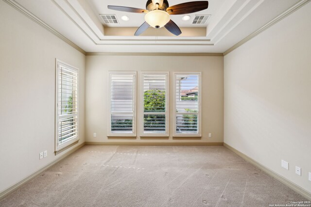 carpeted empty room with visible vents, a raised ceiling, and a healthy amount of sunlight