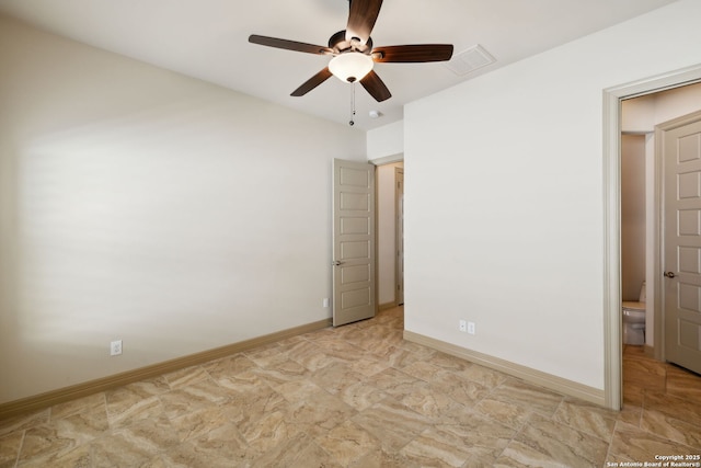 unfurnished bedroom featuring visible vents, a ceiling fan, and baseboards