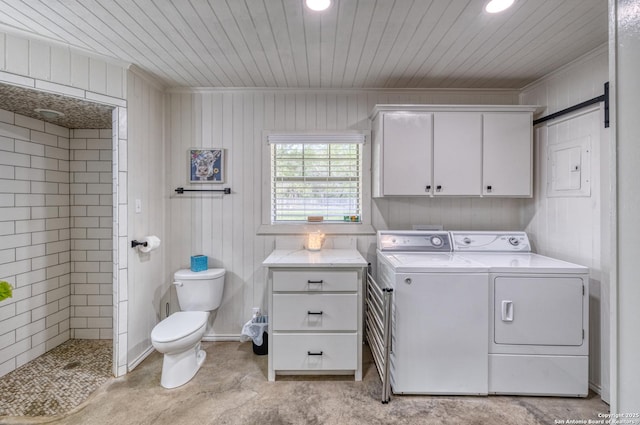 laundry area with washer and dryer, recessed lighting, ornamental molding, and wooden ceiling