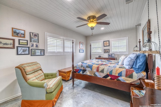 433 Mills Ln, Uvalde, TX 78801 - bedroom with visible vents, wood ceiling, concrete flooring, and ceiling fan