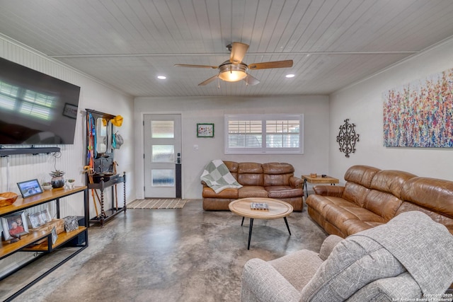 living area with finished concrete flooring, wood ceiling, a ceiling fan, and recessed lighting