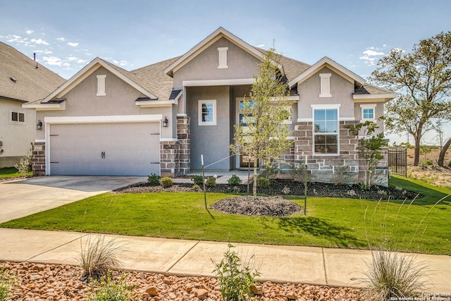 craftsman-style house featuring stucco siding, concrete driveway, a front yard, and stone siding