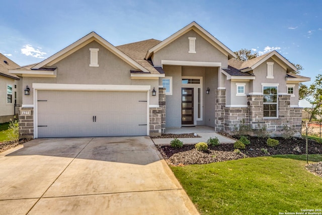 craftsman-style house featuring concrete driveway, roof with shingles, stone siding, and stucco siding