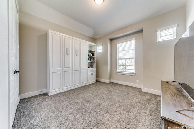 interior space with baseboards, multiple windows, and light carpet