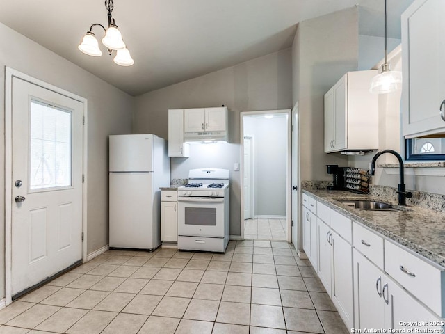kitchen with vaulted ceiling, a sink, white cabinets, under cabinet range hood, and white appliances