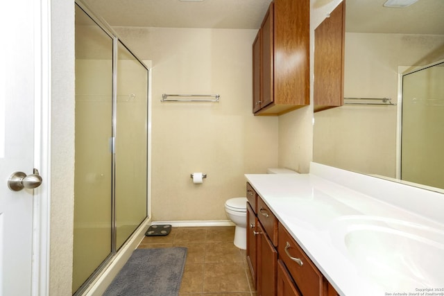 full bath with toilet, baseboards, a shower stall, and tile patterned flooring