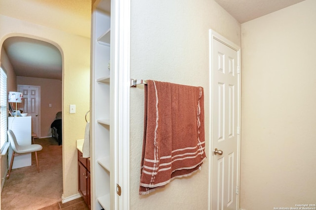 hallway featuring carpet flooring and arched walkways