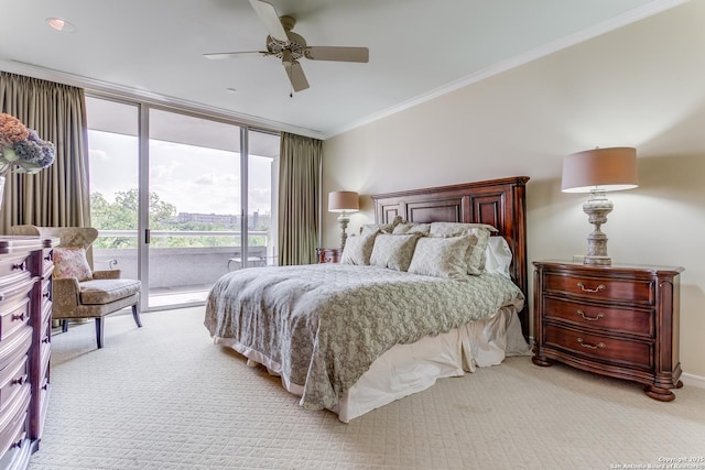 200 Patterson Unit 312, San Antonio, TX 78209 - bedroom featuring ornamental molding, access to exterior, light colored carpet, floor to ceiling windows, and a ceiling fan