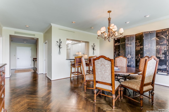 200 Patterson Unit 312, San Antonio, TX 78209 - dining area featuring an inviting chandelier, baseboards, ornamental molding, and recessed lighting