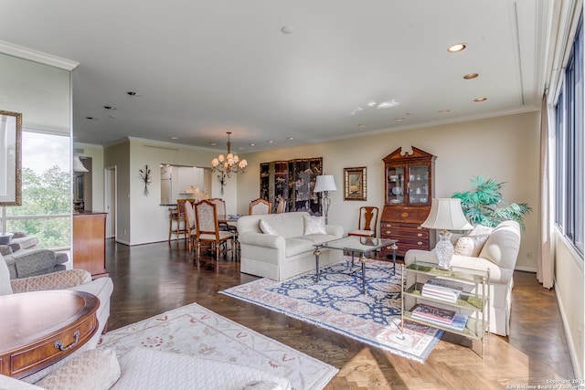 200 Patterson Unit 312, San Antonio, TX 78209 - living room with crown molding, recessed lighting, baseboards, and a chandelier