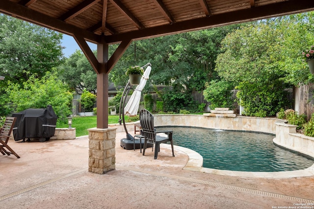view of pool with a fenced in pool, a fenced backyard, and a patio area