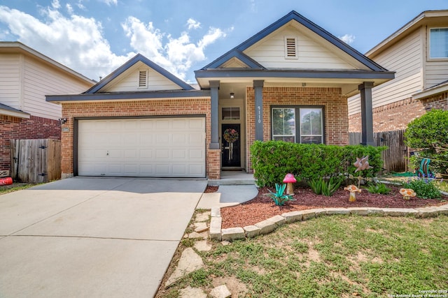 9110 Feather Blf, Helotes, TX 78023 - view of front of home with brick siding, concrete driveway, an attached garage, fence, and a porch