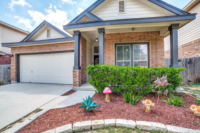 9110 Feather Blf, Helotes, TX 78023 - view of front of property with brick siding, concrete driveway, fence, an attached garage, and a porch