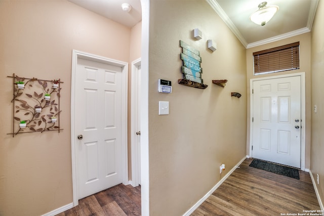 9110 Feather Blf, Helotes, TX 78023 - entryway with crown molding, dark wood-style floors, and baseboards