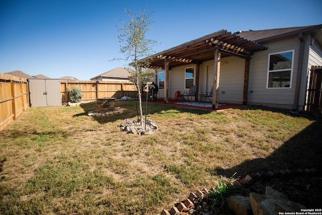 back of property featuring a yard, a pergola, a patio, and a fenced backyard