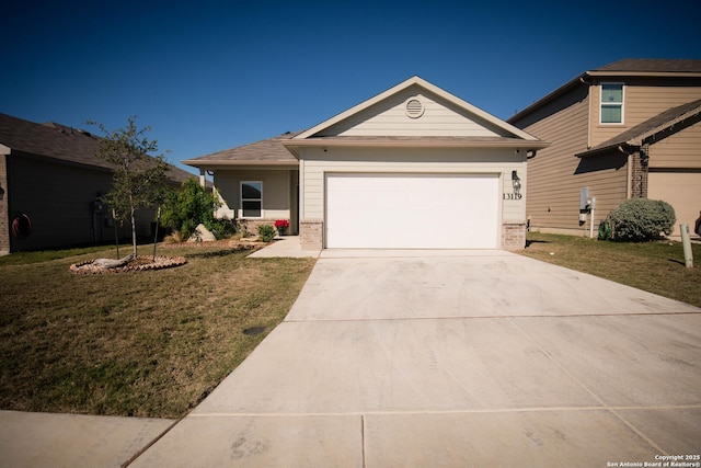 ranch-style house featuring a garage, driveway, a front lawn, and brick siding